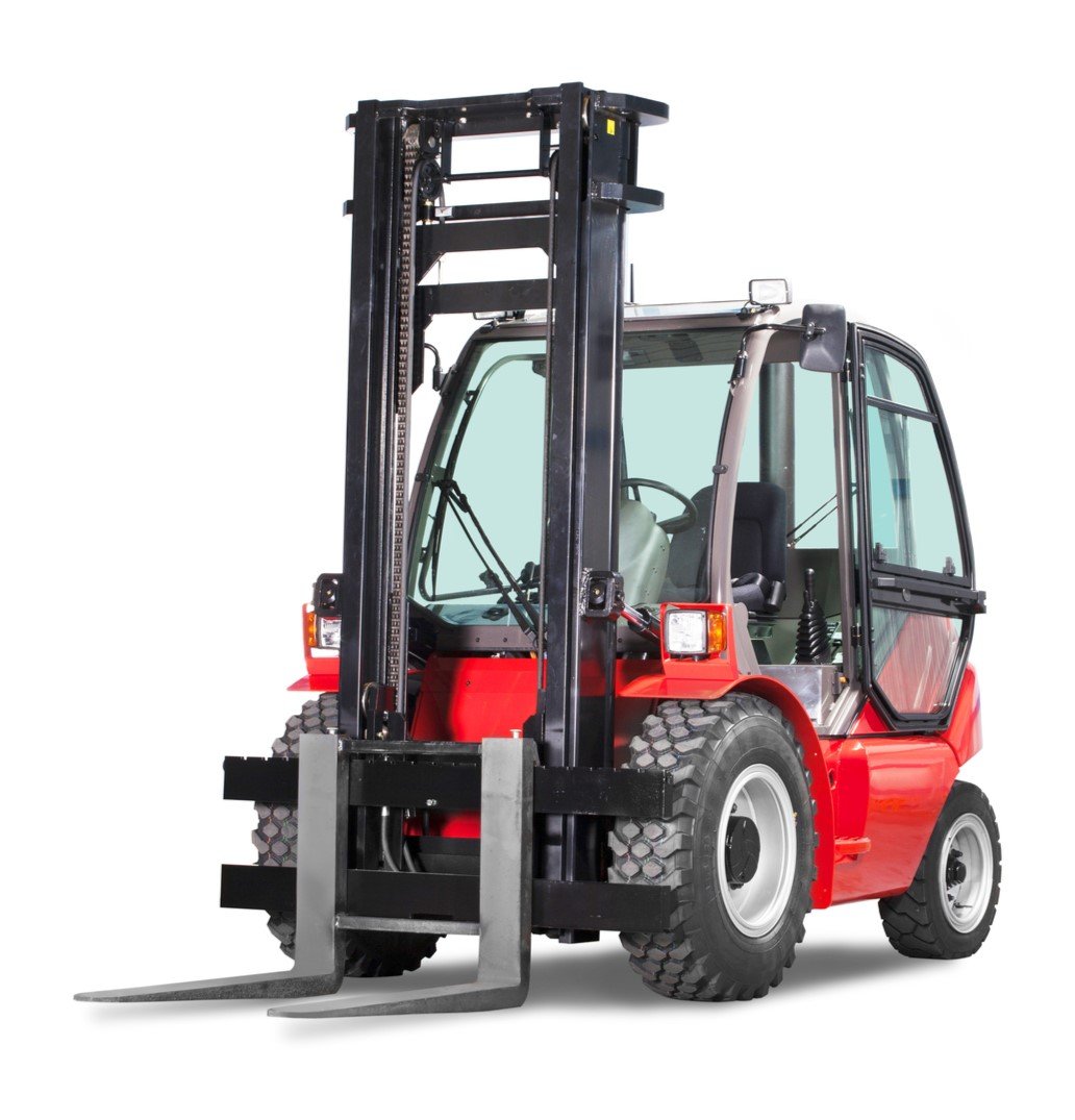 Rough-terrain forklift operating outdoors