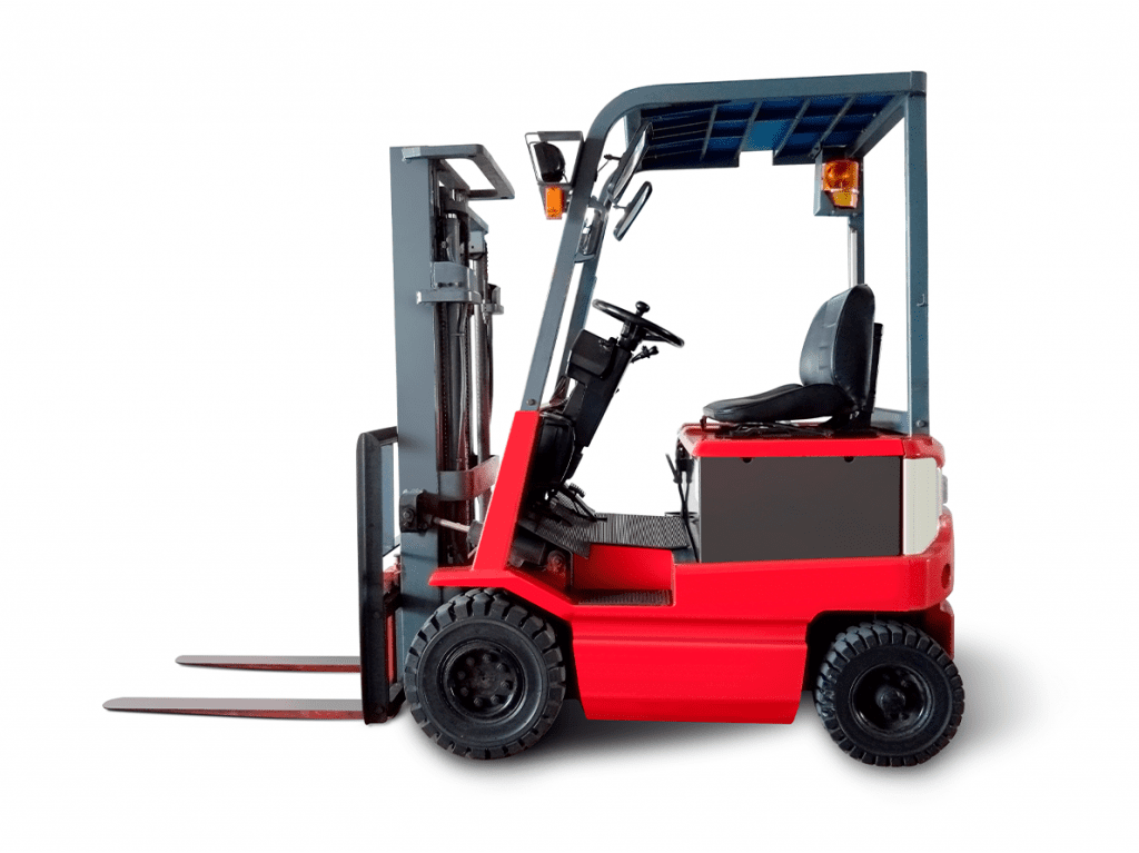 a red forklift with a black seat on a white background.