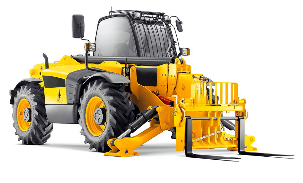 a large yellow tractor parked on top of a white background.