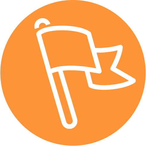 an orange circle with a white outline of a hammer.