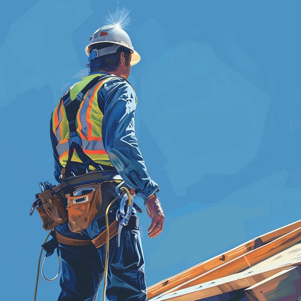 A construction worker wearing a safety vest, helmet, and tool belt stands on a building site under a clear blue sky.