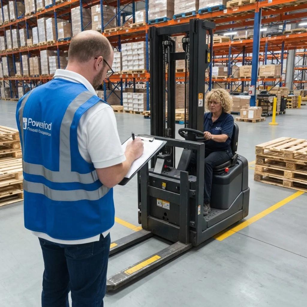 A man in a safety vest takes notes while a woman operates a forklift in a warehouse with shelves stocked with boxes and pallets.